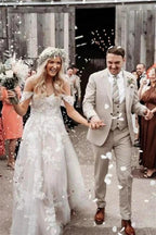 Elegant Long Off-the-Shoulder Tulle Floral Lace Wedding Dress by misshow.com