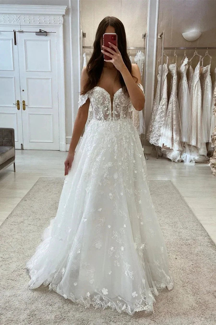 Elegant Long Off-the-shoulder V-neck Sleeveless Wedding Dress With Lace by misshow.com