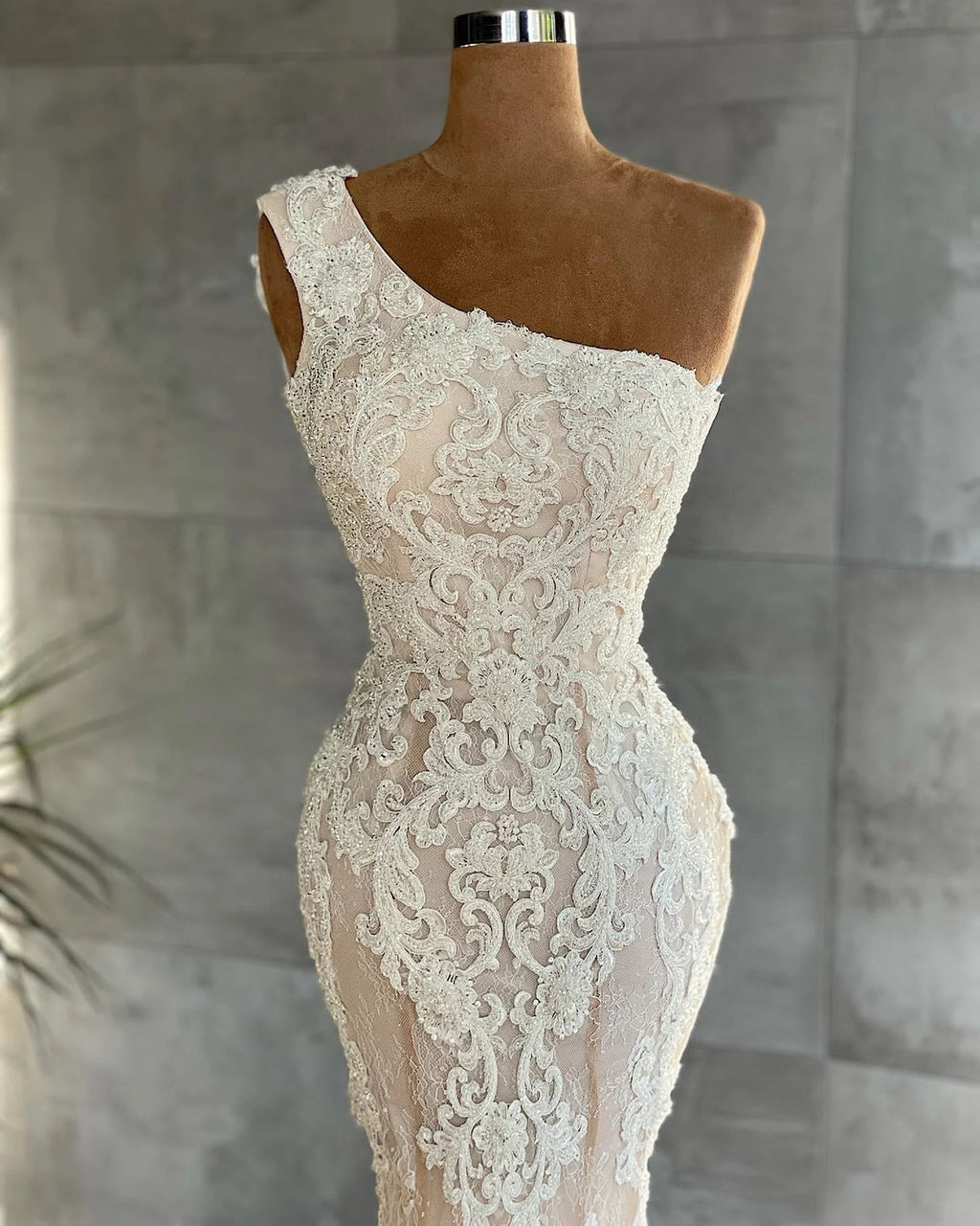 Elegant Long One Shoulder Appliques Lace Mermaid Wedding Dress by BIZTUNNEL