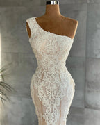 Elegant Long One Shoulder Appliques Lace Mermaid Wedding Dress by BIZTUNNEL