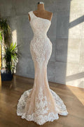 Elegant Long One Shoulder Appliques Lace Mermaid Wedding Dress by BIZTUNNEL