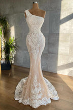 Elegant Long One Shoulder Appliques Lace Mermaid Wedding Dress by BIZTUNNEL