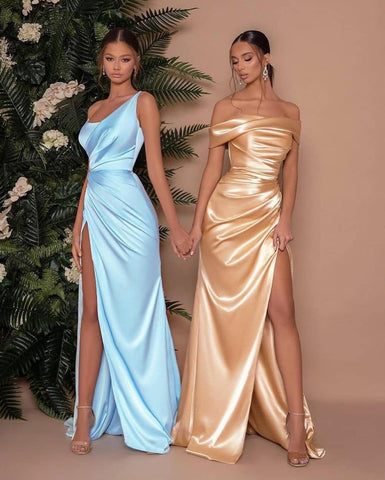 Elegantes langes One-Shoulder-Meerjungfrauen-Ballkleid aus Satin mit Schlitz