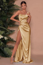 Elegant Long One Shoulder Satin Mermaid Prom Dress with Slit by BIZTUNNEL