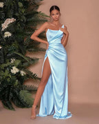 Elegant Long One Shoulder Satin Mermaid Prom Dress with Slit by BIZTUNNEL
