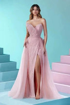 Elegant Long Pink A-line Strapless Lace Glitter Prom Dress With Slit by misshow.com