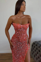 Vestidos de Baile Elegantes Longos Cor-de-Rosa Sexy, Sem Alças e Sem Mangas, Estilo Sereia, com Pedras Brilhantes