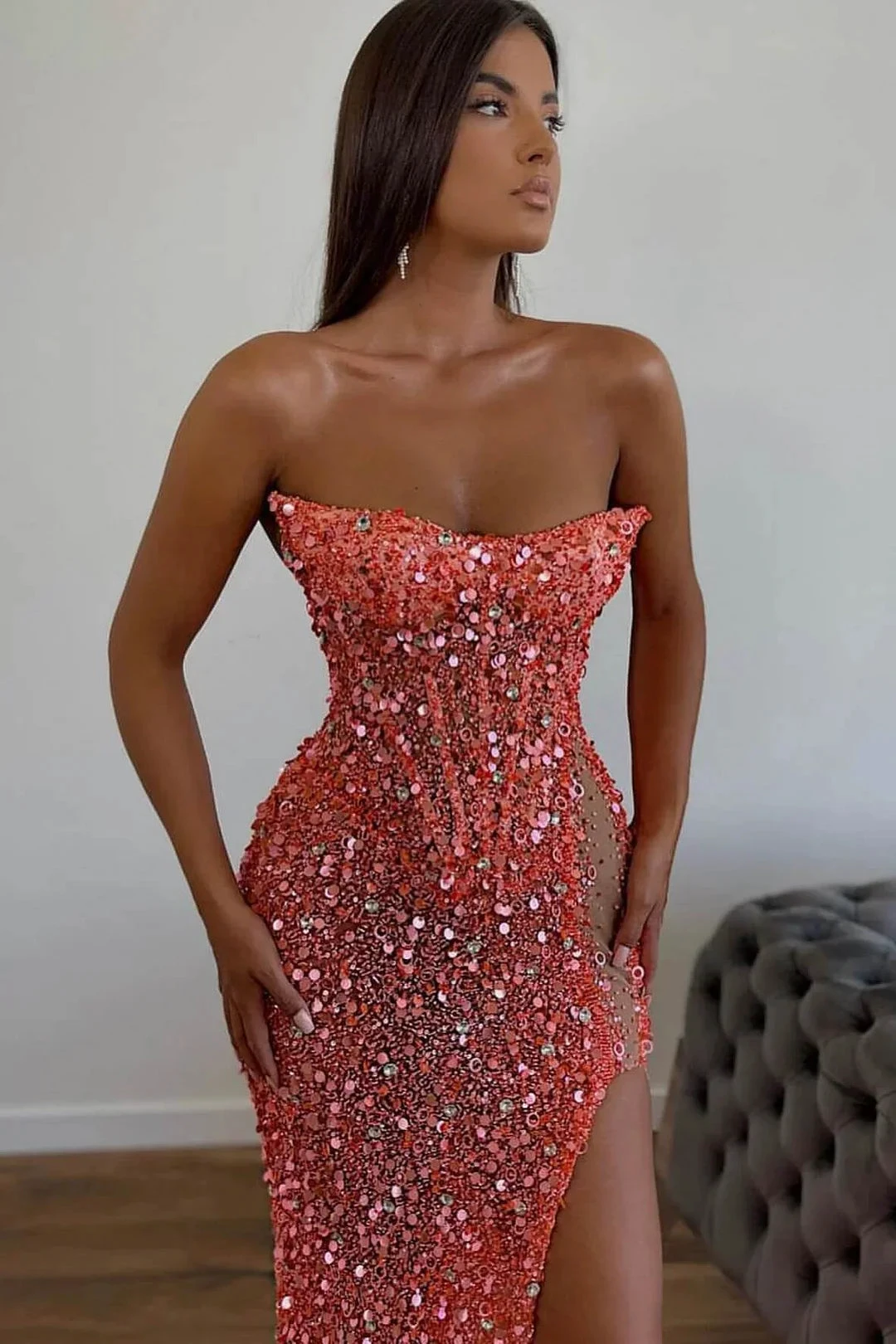 Vestidos de Baile Elegantes Longos Cor-de-Rosa Sexy, Sem Alças e Sem Mangas, Estilo Sereia, com Pedras Brilhantes