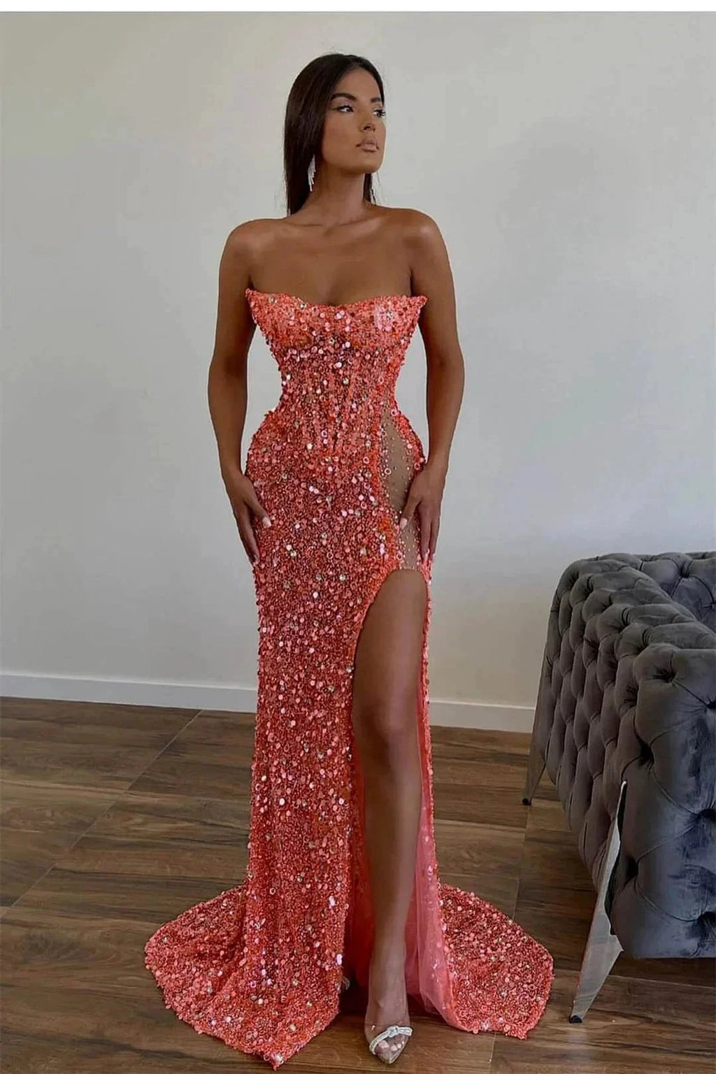Vestidos de Baile Elegantes Longos Cor-de-Rosa Sexy, Sem Alças e Sem Mangas, Estilo Sereia, com Pedras Brilhantes