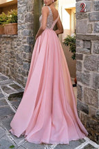 Elegant Long Pink V-Neck A-line Glitter Sleeveless Evening Dresses With Slit by misshow.com