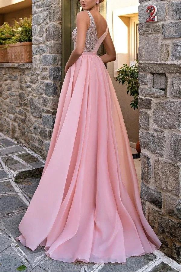 Elegant Long Pink V-Neck A-line Glitter Sleeveless Evening Dresses With Slit by misshow.com