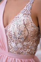 Elegant Long Pink V-Neck A-line Glitter Sleeveless Evening Dresses With Slit by misshow.com