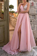 Elegant Long Pink V-Neck A-line Glitter Sleeveless Evening Dresses With Slit by misshow.com