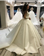 Elegant Long Princess Sweetheart Satin Wedding Dress with Sleeves by BIZTUNNEL