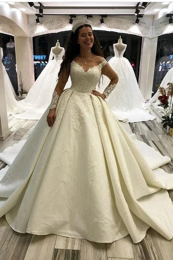 Elegant Long Princess Sweetheart Satin Wedding Dress with Sleeves by BIZTUNNEL