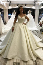Elegant Long Princess Sweetheart Satin Wedding Dress with Sleeves by BIZTUNNEL