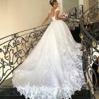 Elegant Long Princess Tulle Lace Wedding Dress with Cap Sleeves by BIZTUNNEL