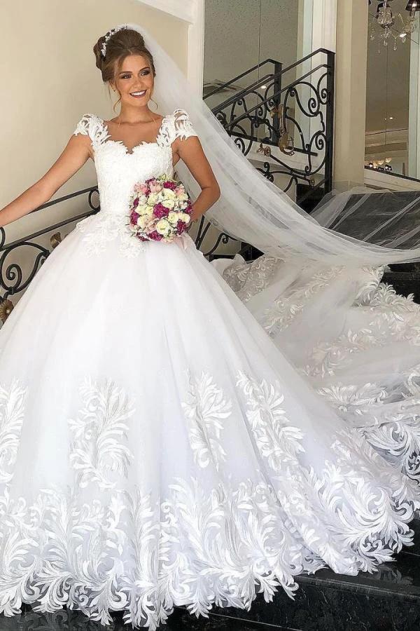 Elegant Long Princess Tulle Lace Wedding Dress with Cap Sleeves by BIZTUNNEL