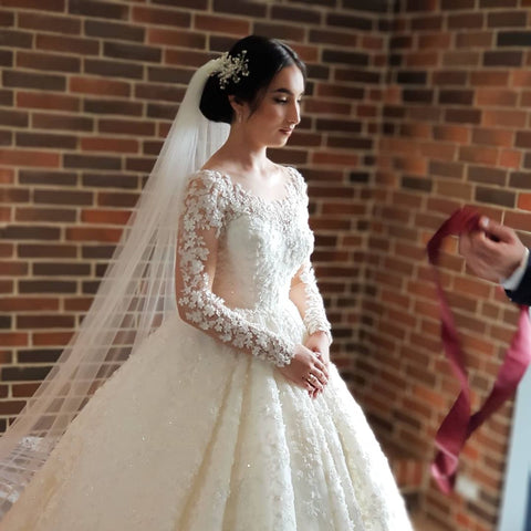Elegant Long Princess Tulle Lace Wedding Dresses with Sleeves