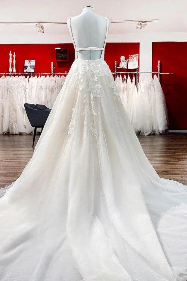 Elegant Long Princess V-neck Tulle Backless Wedding Dress with Lace by BIZTUNNEL