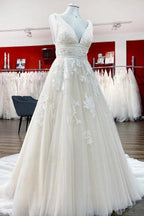 Elegant Long Princess V-neck Tulle Backless Wedding Dress with Lace by BIZTUNNEL