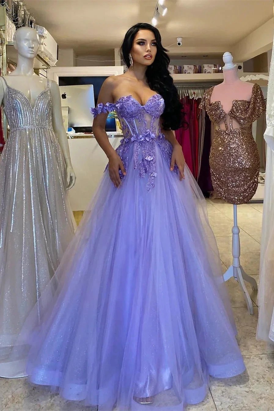 Elegant Long Purple A-line Off-the-shoulder Sleeveless Prom Dress With Lace by misshow.com