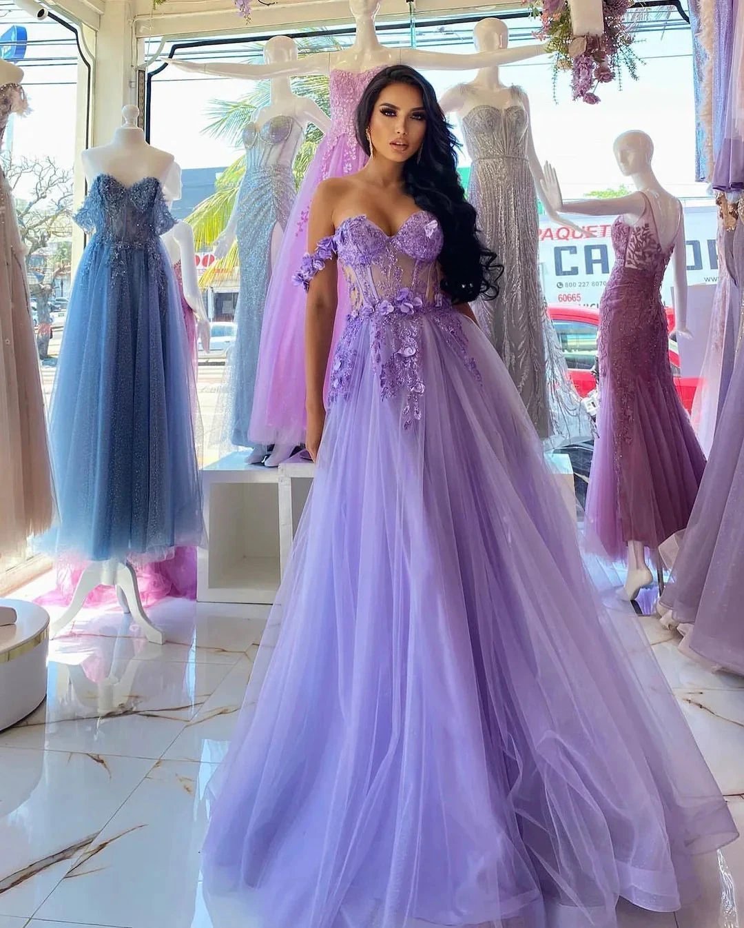 Elegant Long Purple A-line Off-the-shoulder Sleeveless Prom Dress With Lace by misshow.com