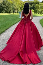 Elegant Long Red A-line Sleeveless Satin Weeding Dress With Lace by misshow.com