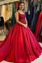 Elegant Long Red A-line Sleeveless Satin Weeding Dress With Lace by misshow.com