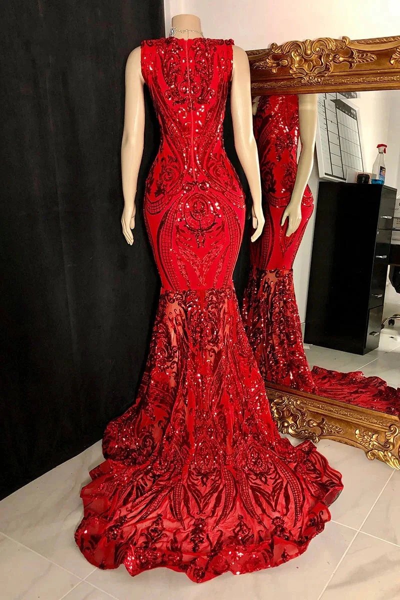 Elegant Long Red Mermaid Sleeveless Prom Dress With Lace by misshow.com