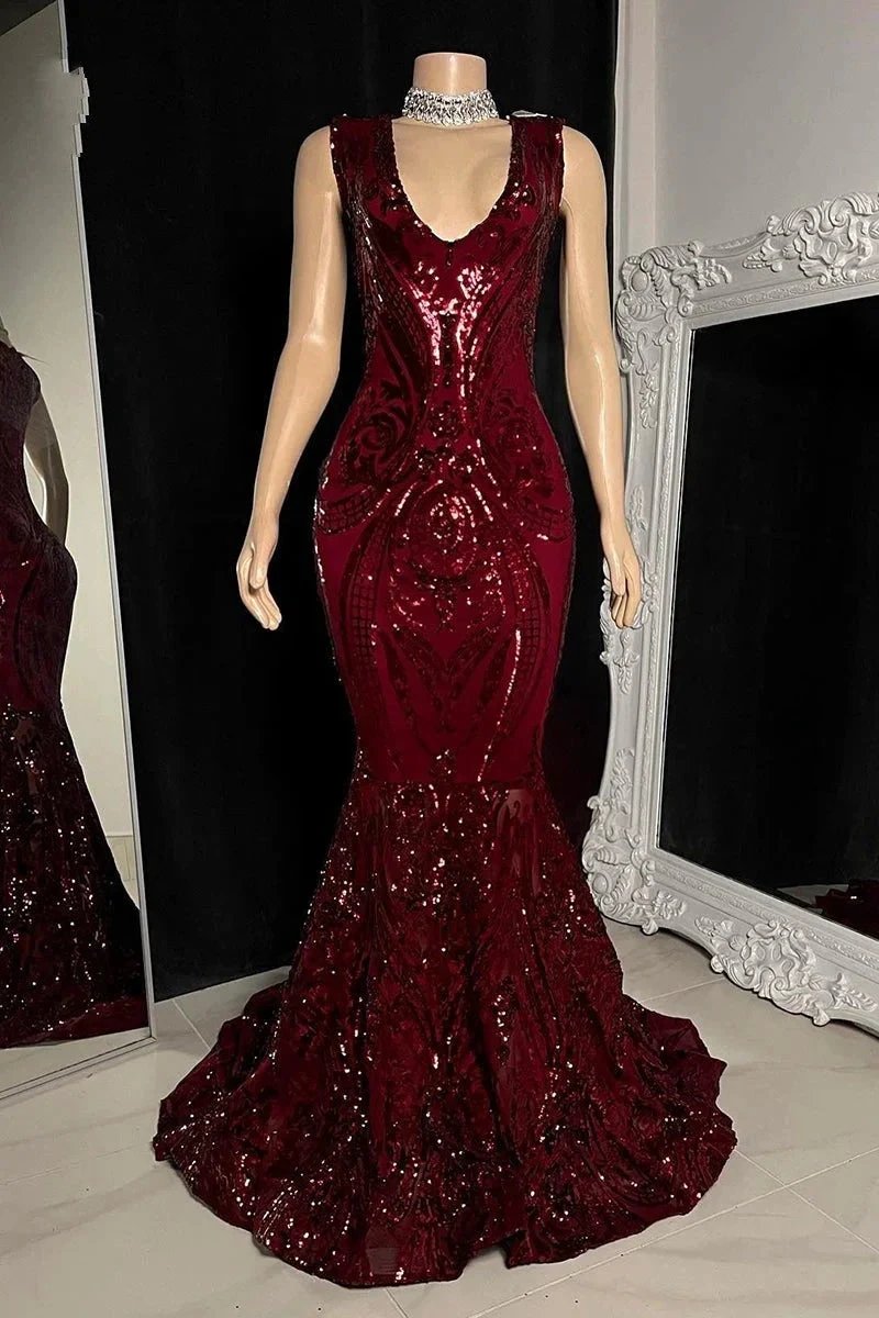 Elegant Long Red Mermaid Sleeveless Prom Dress With Lace by misshow.com