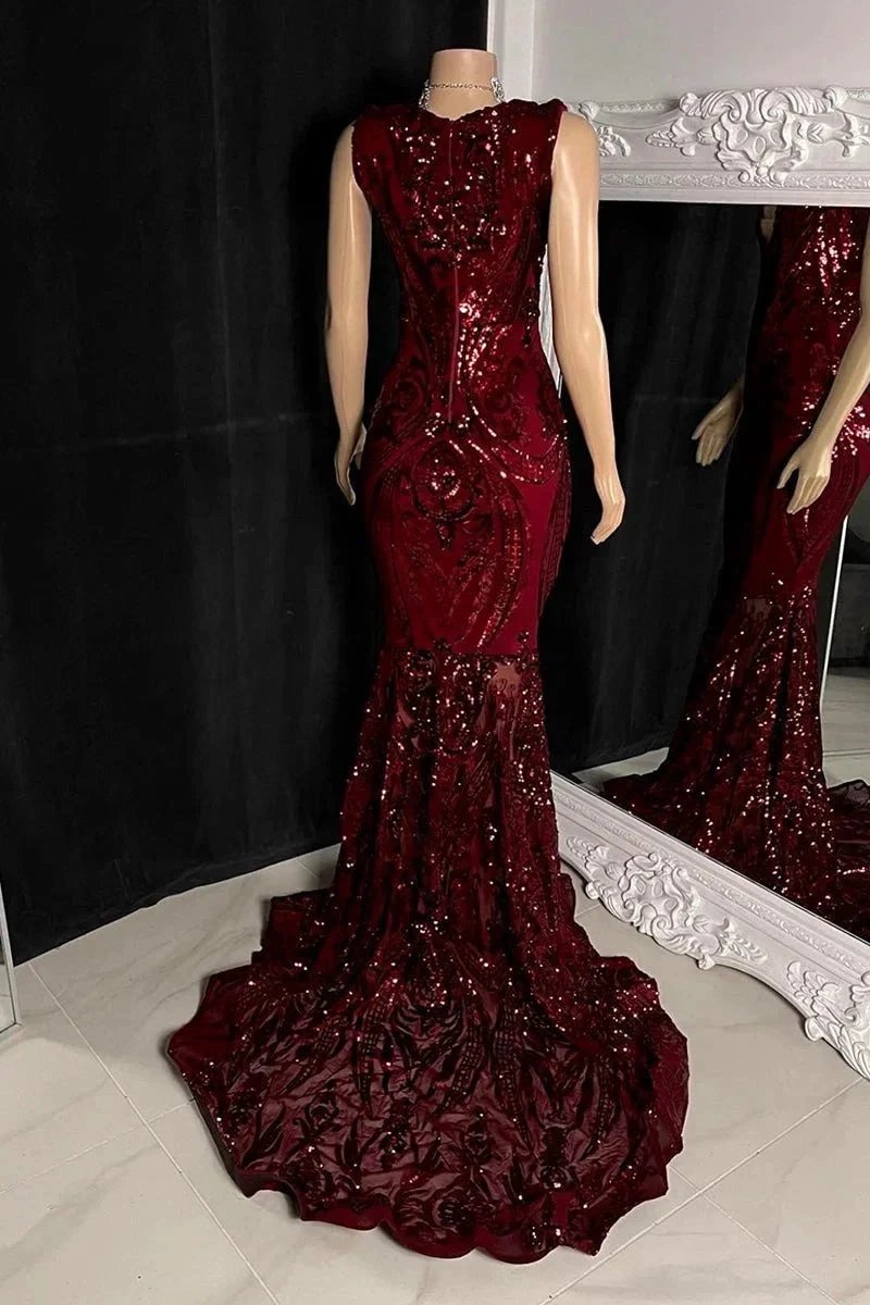 Elegant Long Red Mermaid Sleeveless Prom Dress With Lace by misshow.com