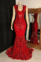 Elegant Long Red Mermaid Sleeveless Prom Dress With Lace by misshow.com