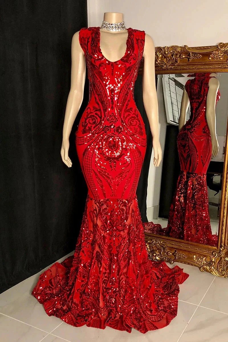 Elegant Long Red Mermaid Sleeveless Prom Dress With Lace by misshow.com