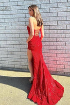 Elegant Long Red One Shoulder Evening Dresses Glitter Lace Prom Dresses With Slit by misshow.com