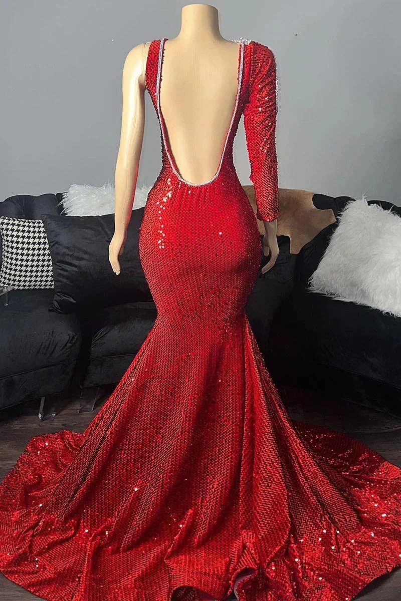 Elegant Long Red One Shoulder V-neck Sequined Prom Dress With Long Sleeve by misshow.com