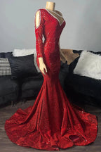 Elegant Long Red One Shoulder V-neck Sequined Prom Dress With Long Sleeve by misshow.com