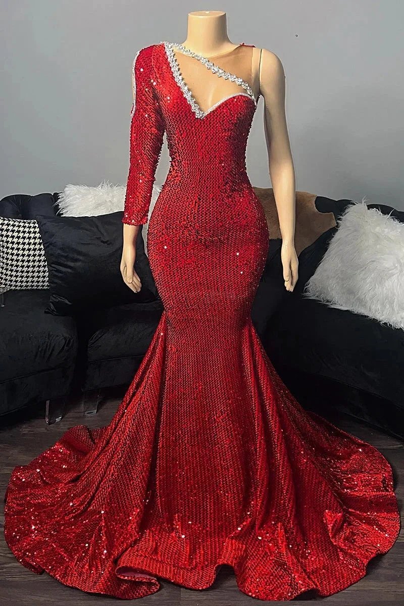 Elegant Long Red One Shoulder V-neck Sequined Prom Dress With Long Sleeve by misshow.com
