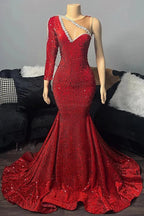 Elegant Long Red One Shoulder V-neck Sequined Prom Dress With Long Sleeve by misshow.com