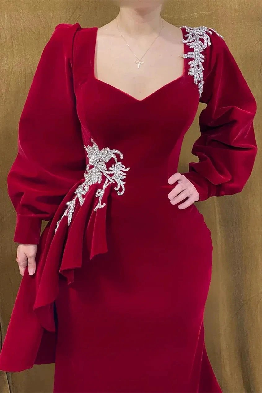 Elegant Long Red Velvet Beading Mermaid Prom Dress With Long Sleeves by misshow.com