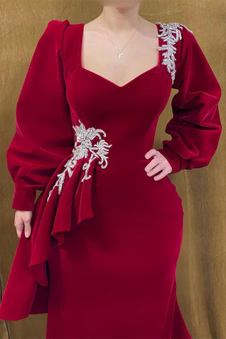 Elegant Long Red Velvet Beading Mermaid Prom Dress With Long Sleeves