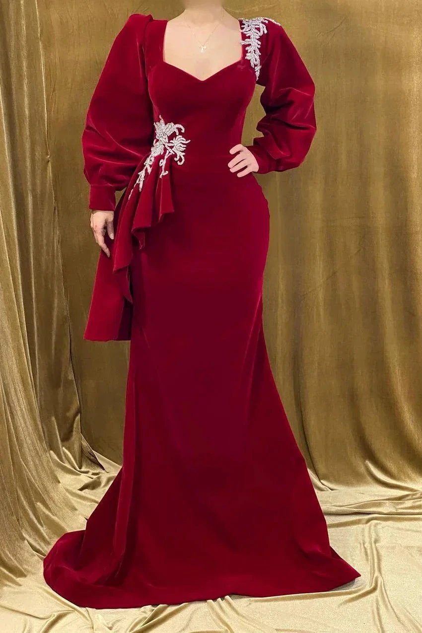 Elegant Long Red Velvet Beading Mermaid Prom Dress With Long Sleeves by misshow.com