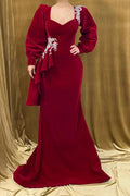 Elegant Long Red Velvet Beading Mermaid Prom Dress With Long Sleeves by misshow.com
