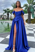 Elegant Long Royal Blue A-line Off-the-shoulder Satin Prom Dress with Slit by misshow.com
