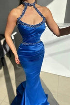 Elegant Long Royal Blue Halter Beading Sleeveless Mermaid Prom Dresses by misshow.com