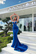 Elegant Long Royal Blue Mermaid Straps Velvet Prom Dress With Train by misshow.com