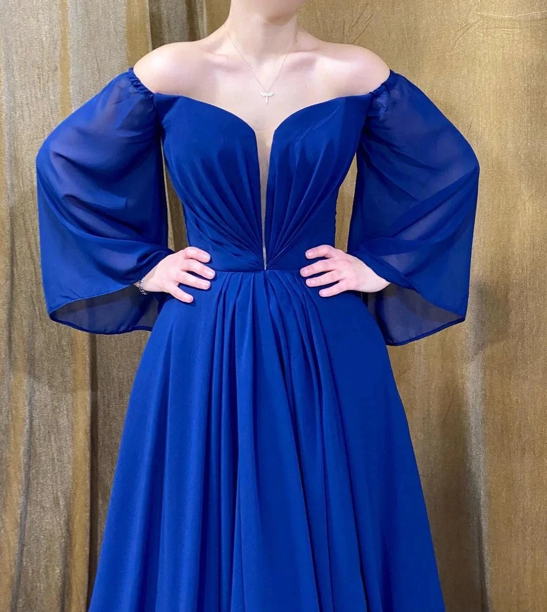 Elegant Long Royal Blue Strapless A-Line Prom Dress With Long Sleeves by misshow.com