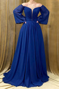 Elegant Long Royal Blue Strapless A-Line Prom Dress With Long Sleeves by misshow.com