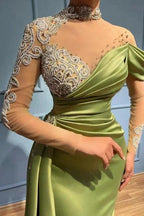 Elegant Long Sage High Neck Mermaid Evening Dresses With Long Sleeves by misshow.com