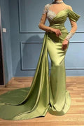 Elegant Long Sage High Neck Mermaid Evening Dresses With Long Sleeves by misshow.com
